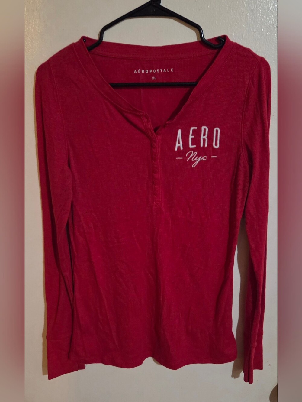 Aeropostale Red Ribbed Henley Y2K Style Long Sleeve Shirt Aero NYC Size XL